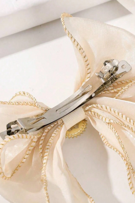 Champagne Pearl Long Streamer Bow Hair Clip Shimmer Fabric Bow Barrette
