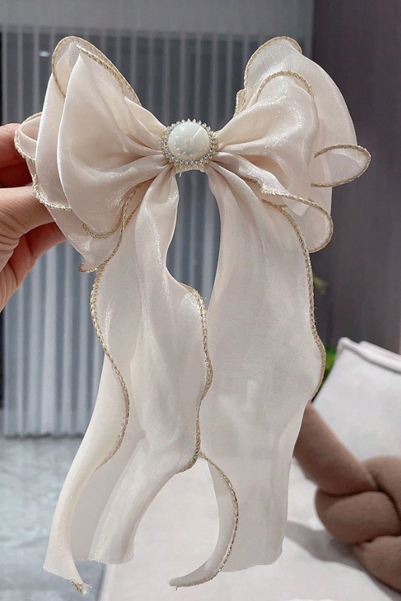 Champagne Pearl Long Streamer Bow Hair Clip Shimmer Fabric Bow Barrette