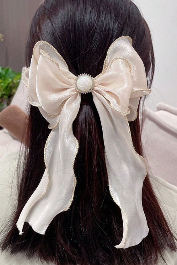 Champagne Pearl Long Streamer Bow Hair Clip Shimmer Fabric Bow Barrette