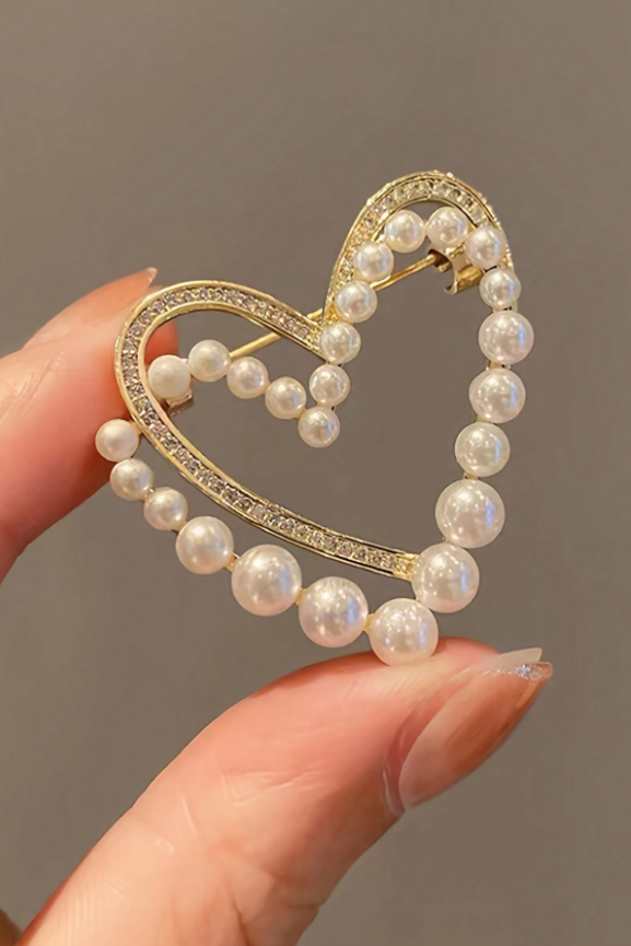 Double Heart Pearl Rhinestone Hollow Lapel Brooch