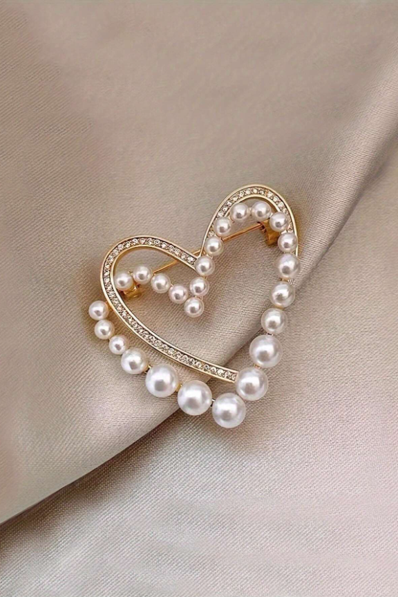 Double Heart Pearl Rhinestone Hollow Lapel Brooch
