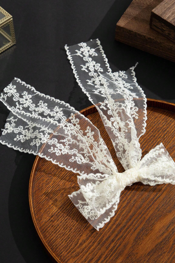 White Lace Long Streamer Bow Hair Clip Floral Vintage Bow Hair Barrette