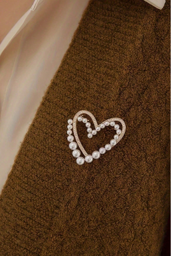 Double Heart Pearl Rhinestone Hollow Lapel Brooch