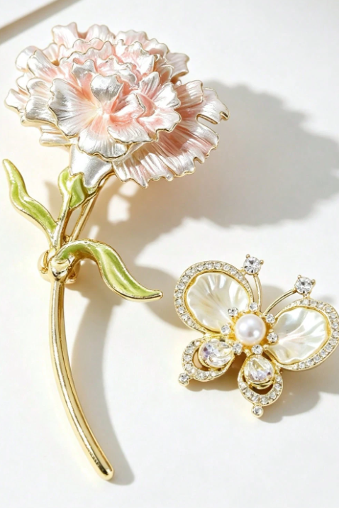Carnation & Shell Butterfly 2Pcs Brooch Set