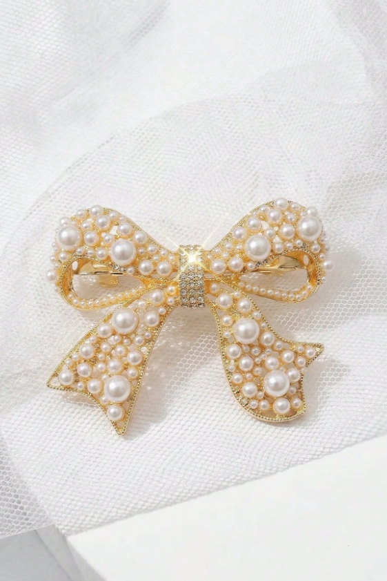 Pearl Rhinestone Gold Bow Hair Barrette Bridal Bow Hair Clip