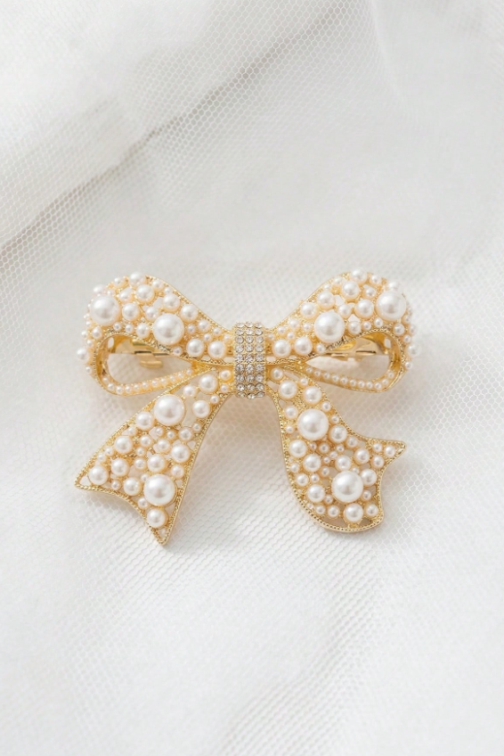 Pearl Rhinestone Gold Bow Hair Barrette Bridal Bow Hair Clip