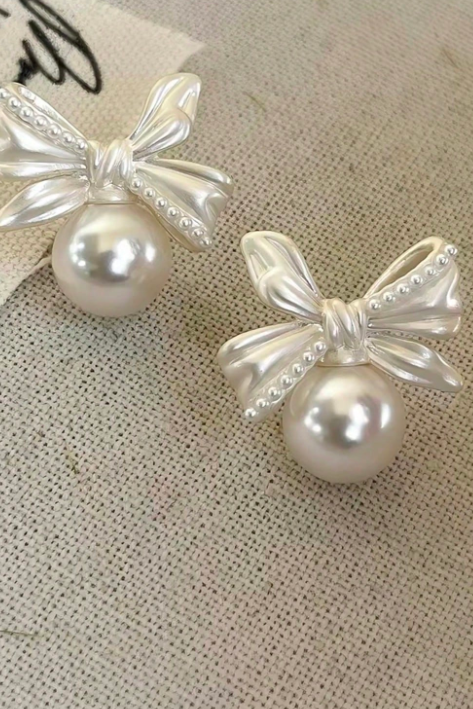 French Vintage Bow Knot Pearl Stud Earrings Silver Tone Feminine Bridal Daily Earrings