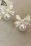 French Vintage Bow Knot Pearl Stud Earrings Silver Tone Feminine Bridal Daily Earrings