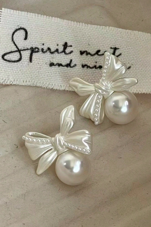 French Vintage Bow Knot Pearl Stud Earrings Silver Tone Feminine Bridal Daily Earrings