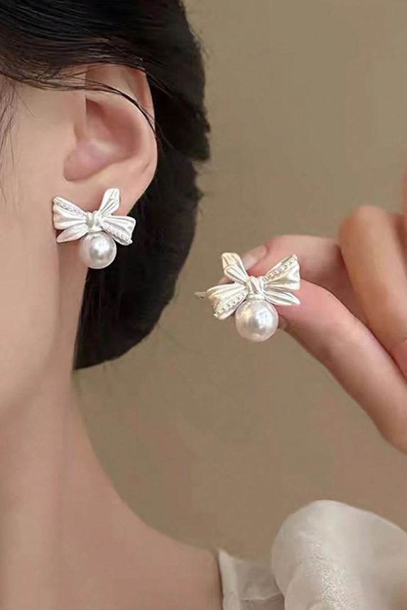 French Vintage Bow Knot Pearl Stud Earrings Silver Tone Feminine Bridal Daily Earrings
