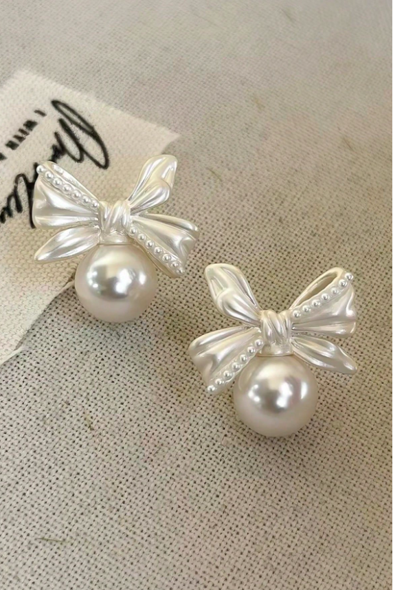 French Vintage Bow Knot Pearl Stud Earrings Silver Tone Feminine Bridal Daily Earrings