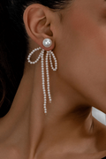 Pearl Beaded Bow Long Tassel Drop Earrings Gold Fashion Jewelry