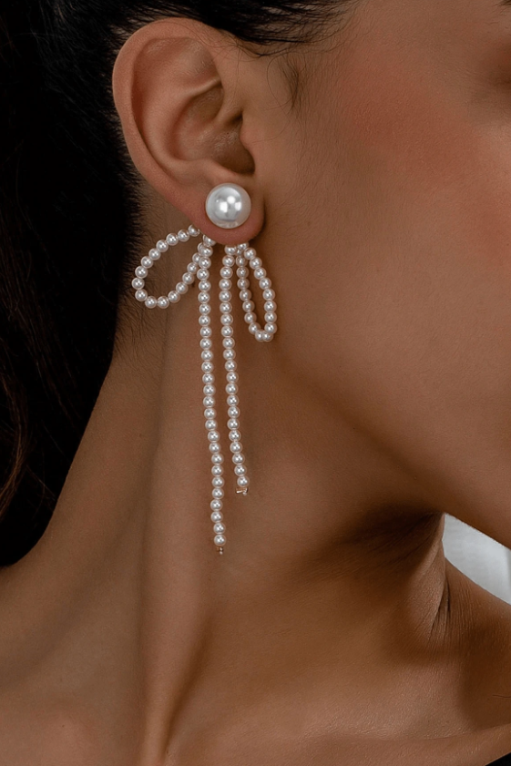 Pearl Beaded Bow Long Tassel Drop Earrings Gold Fashion Jewelry