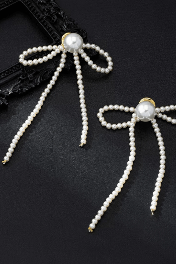 Pearl Beaded Bow Long Tassel Drop Earrings Gold Fashion Jewelry
