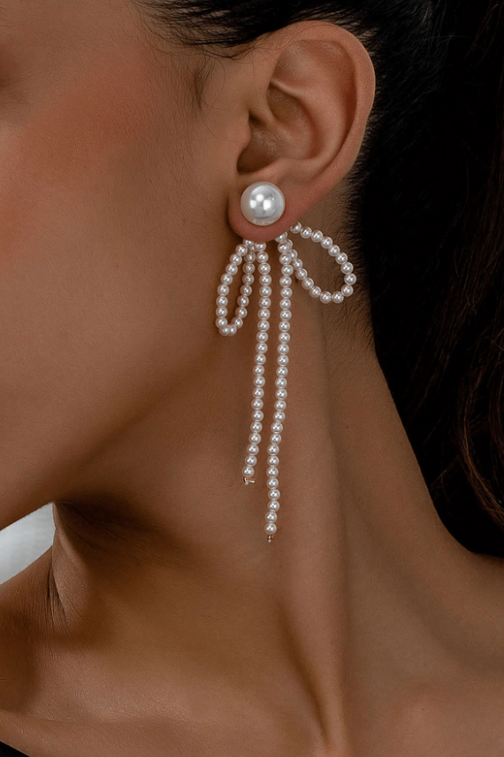 Pearl Beaded Bow Long Tassel Drop Earrings Gold Fashion Jewelry