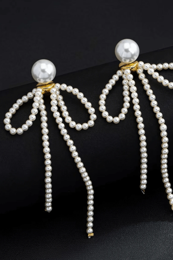 Pearl Beaded Bow Long Tassel Drop Earrings Gold Fashion Jewelry