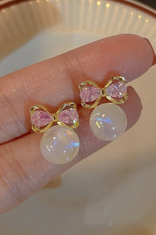 Sweet Pink Crystal Bow Pearl Stud Earrings Gold Delicate Jewelry