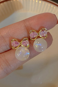Sweet Pink Crystal Bow Pearl Stud Earrings Gold Delicate Jewelry