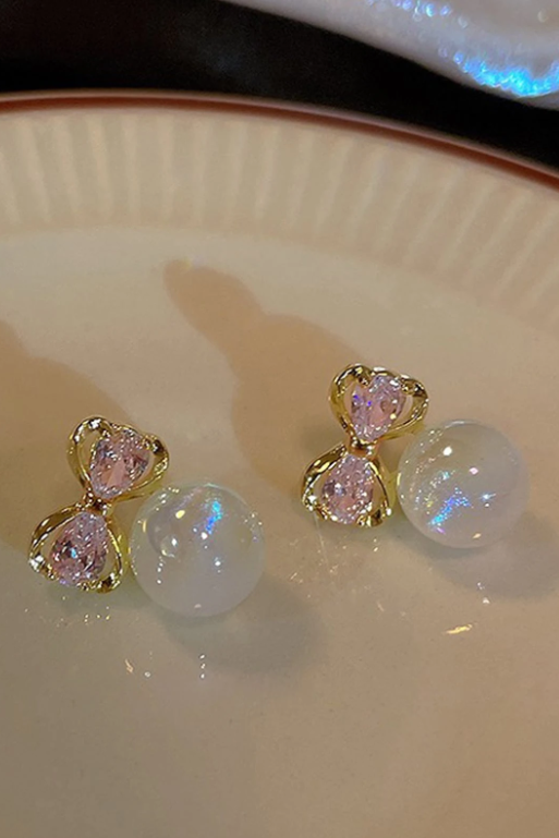 Sweet Pink Crystal Bow Pearl Stud Earrings Gold Delicate Jewelry