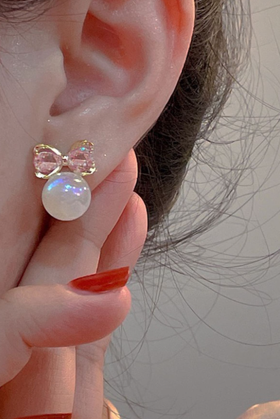 Sweet Pink Crystal Bow Pearl Stud Earrings Gold Delicate Jewelry