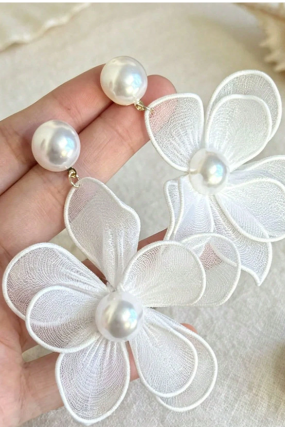 Sheer White Floral Pearl Drop Earrings Boho Bridal Jewelry