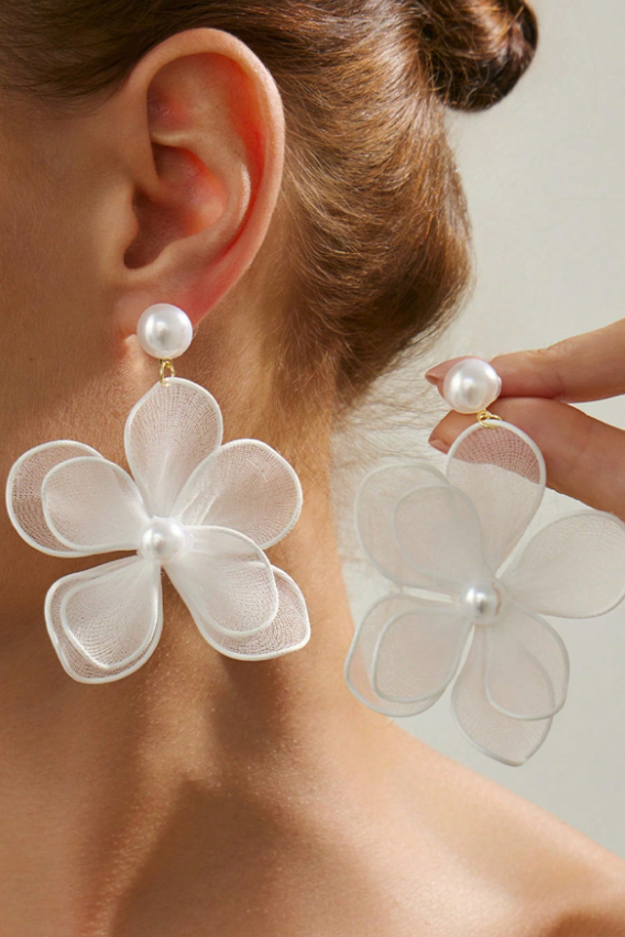 Sheer White Floral Pearl Drop Earrings Boho Bridal Jewelry