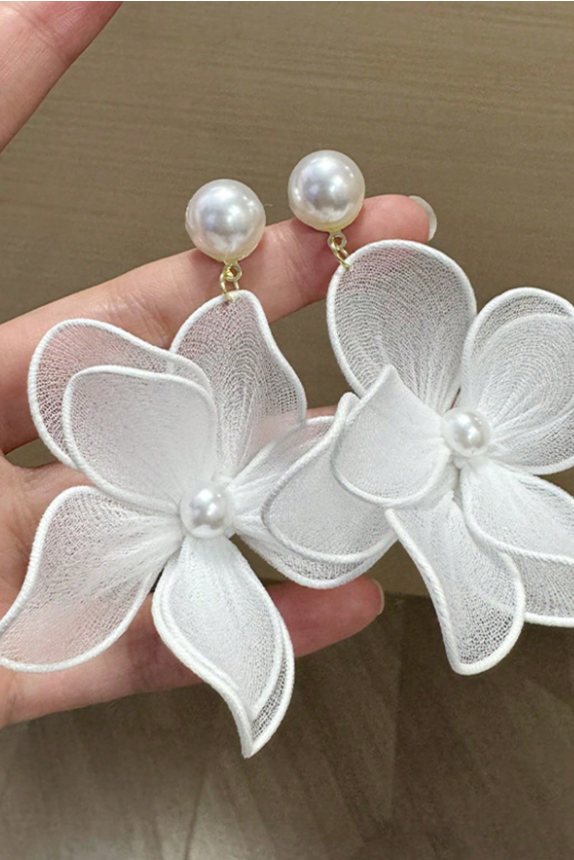 Sheer White Floral Pearl Drop Earrings Boho Bridal Jewelry