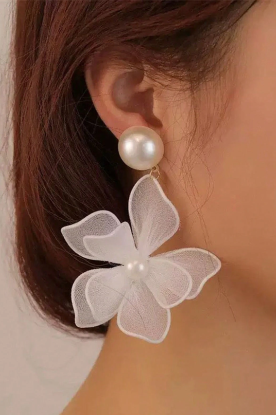 Sheer White Floral Pearl Drop Earrings Boho Bridal Jewelry