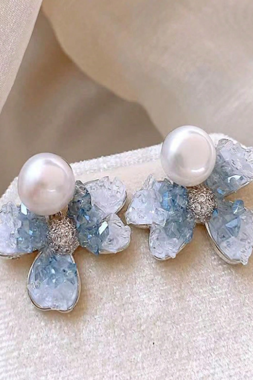 Ice Blue Floral Crystal Pearl Stud Earrings Delicate Silver Jewelry