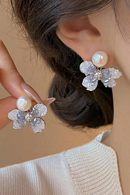 Ice Blue Floral Crystal Pearl Stud Earrings Delicate Silver Jewelry