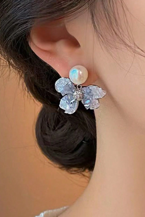 Ice Blue Floral Crystal Pearl Stud Earrings Delicate Silver Jewelry