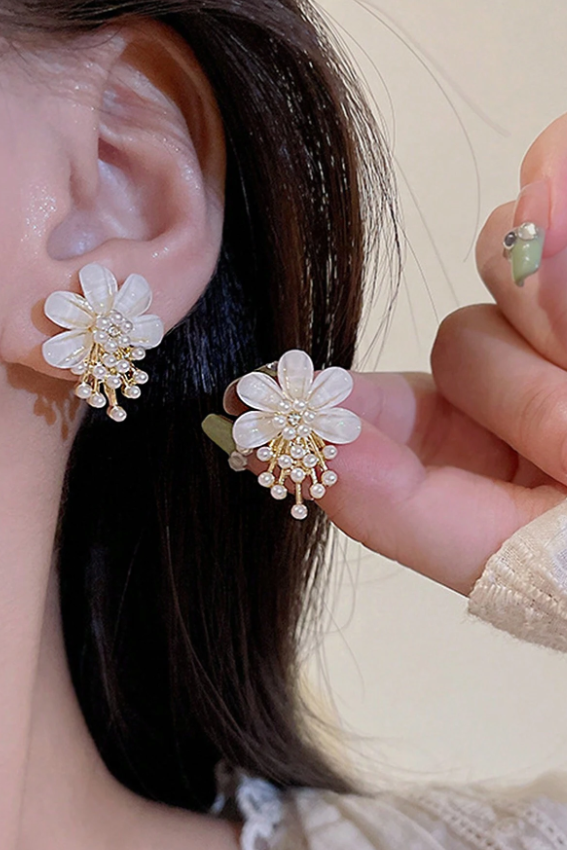 Gold Tone Mother of Pearl Flower Mini Pearl Tassel Stud Earrings Dainty French Floral Jewelry
