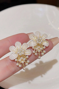 Gold Tone Mother of Pearl Flower Mini Pearl Tassel Stud Earrings Dainty French Floral Jewelry