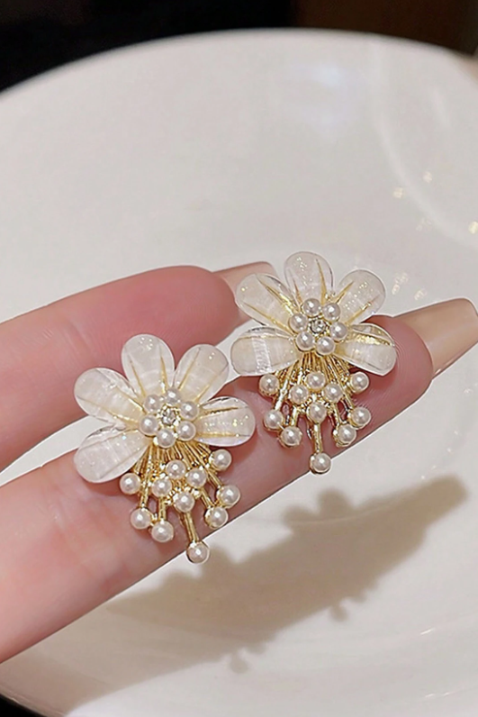 Gold Tone Mother of Pearl Flower Mini Pearl Tassel Stud Earrings Dainty French Floral Jewelry