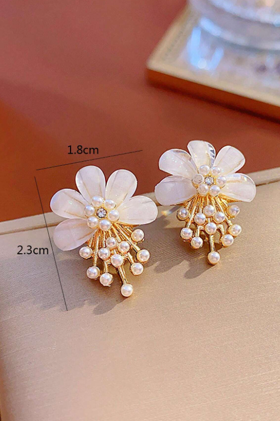Gold Tone Mother of Pearl Flower Mini Pearl Tassel Stud Earrings Dainty French Floral Jewelry