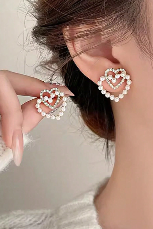 Tone Double Layer Heart Pearl Cubic Zirconia Stud Earrings Romantic Daily Bridal Jewelry