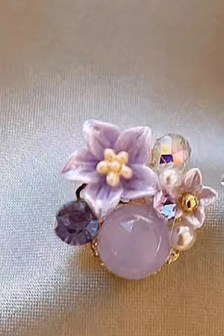 Dainty Purple Floral Crystal Pearl Stud Earrings Gold Jewelry