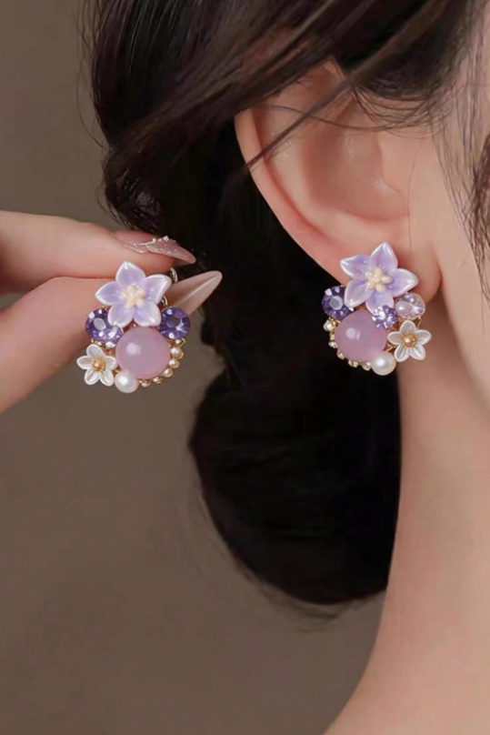 Dainty Purple Floral Crystal Pearl Stud Earrings Gold Jewelry
