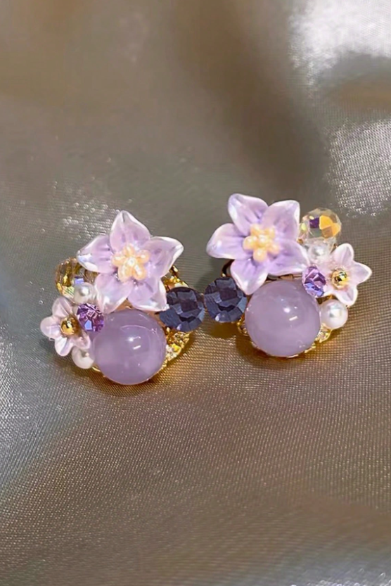 Dainty Purple Floral Crystal Pearl Stud Earrings Gold Jewelry