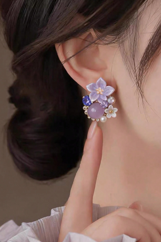 Dainty Purple Floral Crystal Pearl Stud Earrings Gold Jewelry
