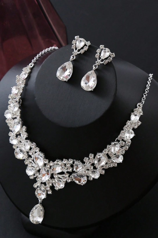 Luxury CZ Crystal Bridal Necklace Earrings Jewelry Set Silver