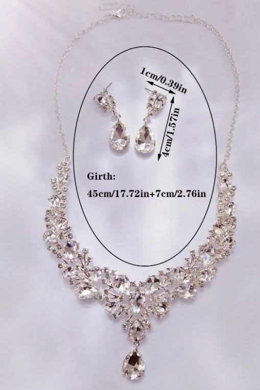 Luxury CZ Crystal Bridal Necklace Earrings Jewelry Set Silver