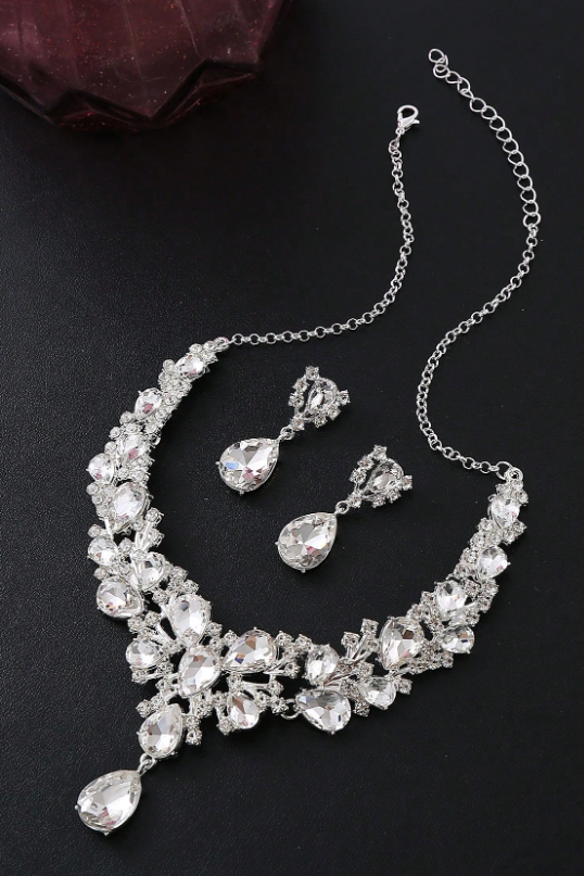 Luxury CZ Crystal Bridal Necklace Earrings Jewelry Set Silver