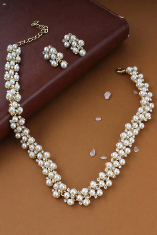 Vintage Braided Pearl Choker Earring Set Gold Formal Jewelry