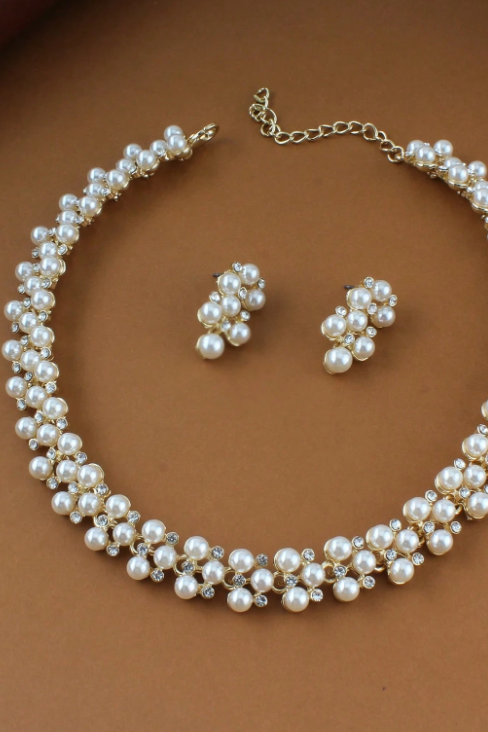 Vintage Braided Pearl Choker Earring Set Gold Formal Jewelry