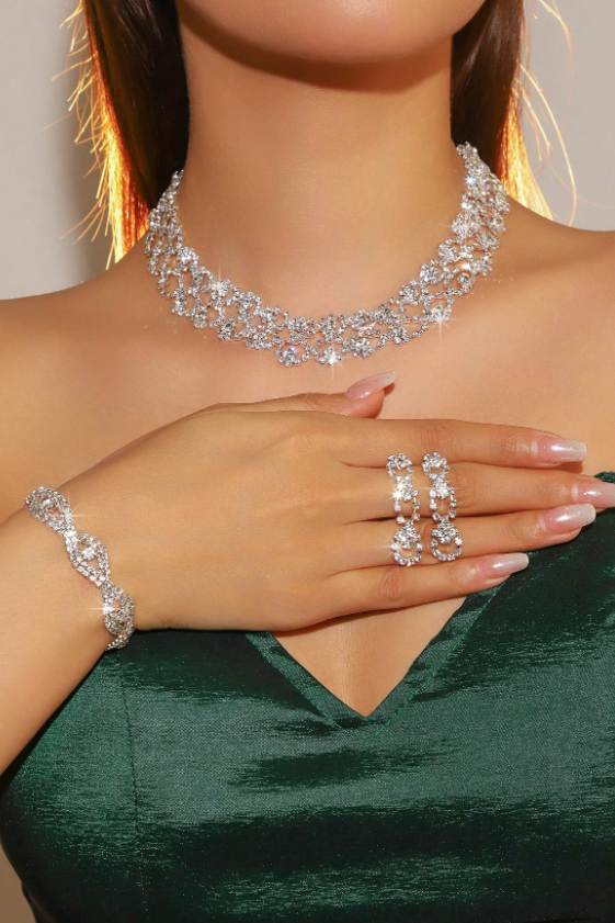 Rhinestone Lace Bridal 4-Piece Jewelry Set Silver Party Jewelry