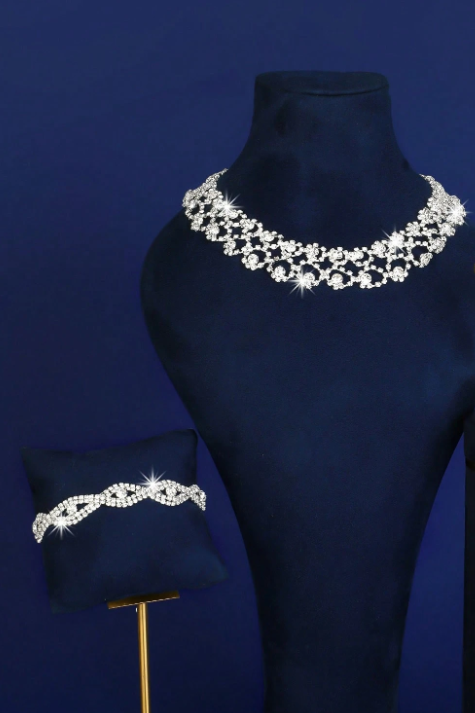 Rhinestone Lace Bridal 4-Piece Jewelry Set Silver Party Jewelry