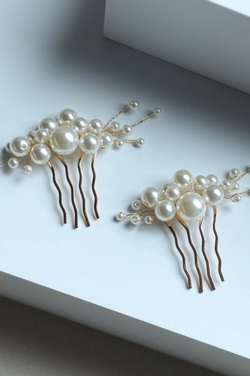 2 Pack Pearl Cluster Gold Hair Combs Bridal Wedding Side Hair Combs