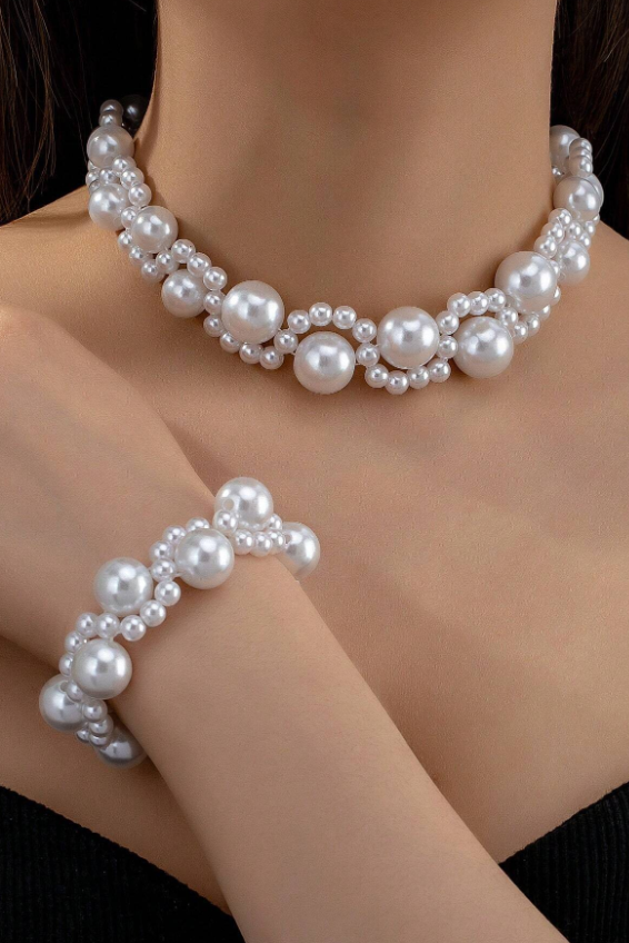 Double Layer Mixed Size Pearl Choker Necklace Bracelet Set Vintage Bridal Wedding Jewelry
