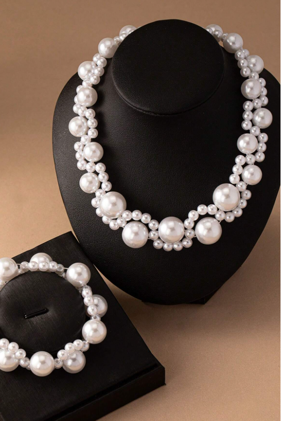 Double Layer Mixed Size Pearl Choker Necklace Bracelet Set Vintage Bridal Wedding Jewelry